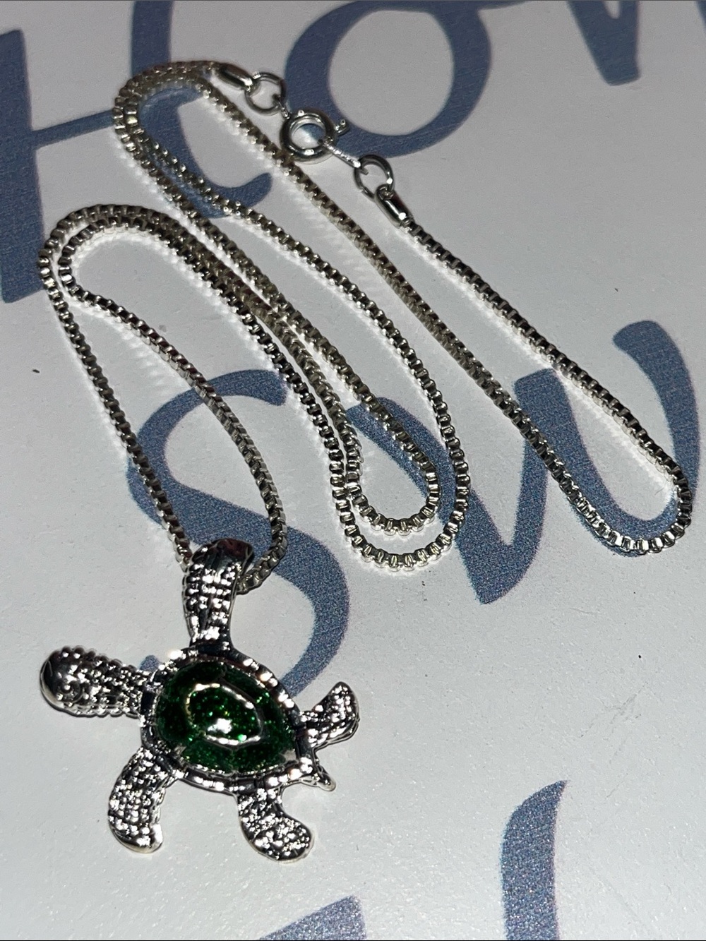 Silver Turtle Pendant Necklace with Green Enamel Accent